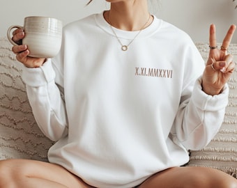 Custom Roman Numeral Sweatshirt, Embroidered Wedding Date Crewneck, Minimal Personalized Sweatshirt, Anniversary Gift, Est Date Top