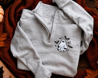 Ghost Quarter Zip Halloween Sweatshirt, Spooky Embroidered Pullover, Minimal Halloween Sweatshirt, Cute Ghost Sweatshirt, Fall Quarter Zip