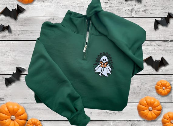 Halloween Sweatshirt-Ghost Sweatshirt-Halloween Embroidered Sweatshirt-Halloween Shirt-Fall Sweatshirt-Bookish-Spooky Season-1/4 zip Books
