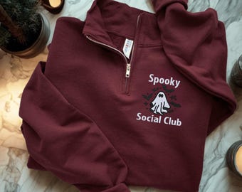 Cute Halloween Quarter Zip Sweatshirt, Ghost Sweatshirt, Spooky Social Club Pullover, Embroidered Fall Sweatshirt, Halloween Apparel