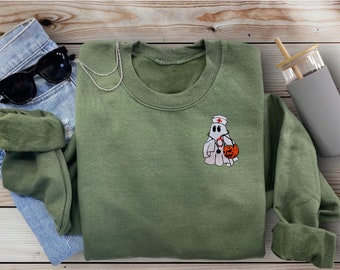 Nurse Sweatshirt-Halloween Embroidered Sweatshirt-Ghost Sweatshirt-RN Sweatshirt-Nursing Student-Nurse Gift-Nursing Sweatshirt-HALLOW NURSE
