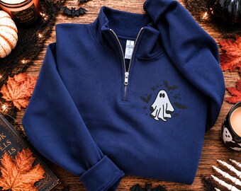 Minimalist Ghost Quarter Zip, Cozy Halloween Sweatshirt, Embroidered Fall Pullover, Spooky Season Apparel