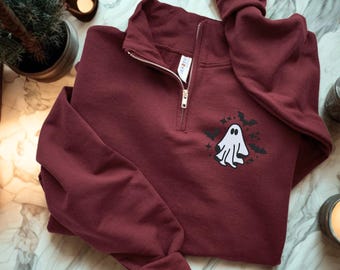 Ghost Quarter Zip Halloween Sweatshirt, Spooky Embroidered Pullover, Cute Ghost Fall Sweatshirt