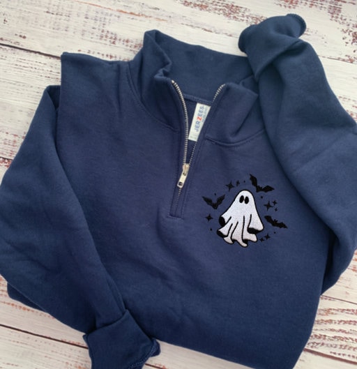 Halloween Sweatshirt-Halloween Shirt-Halloween Embroidered Sweatshirt-Ghost-Fall Sweatshirt-Spooky Season-1/4 zip G2
