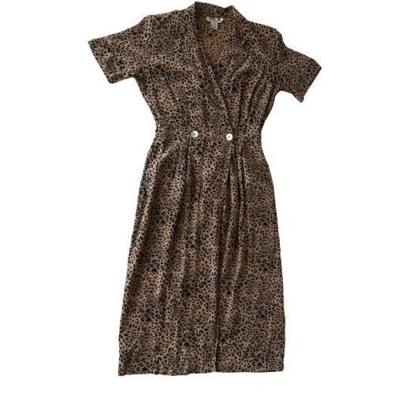 Robbie Bee Vintage 1980s Dress | Cheetah Print | Size 8p | Pockets | Mid Length | 100% Silk