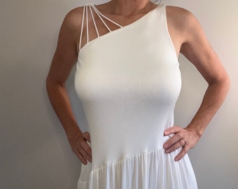 Kappi White Vintage Slanted Drop Waist Dress | Made In USA | Medium (6-8) | 1920s influence | made in 1980s