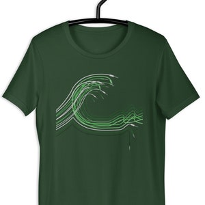 May include: A dark green short-sleeve t-shirt featuring a graphic design of multiple white and light green audio cables arranged to resemble a crashing ocean wave, with the cable connectors visible at the crest and base of the wave pattern.