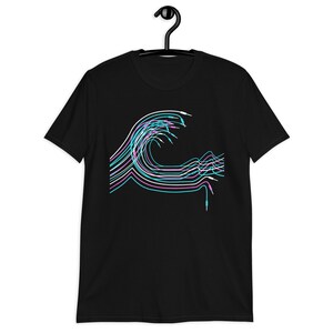 May include: Black t-shirt with a graphic of a wave made of colorful audio cables.