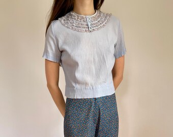 Handmade dainty periwinkle ruffle collar back button blouse (medium)