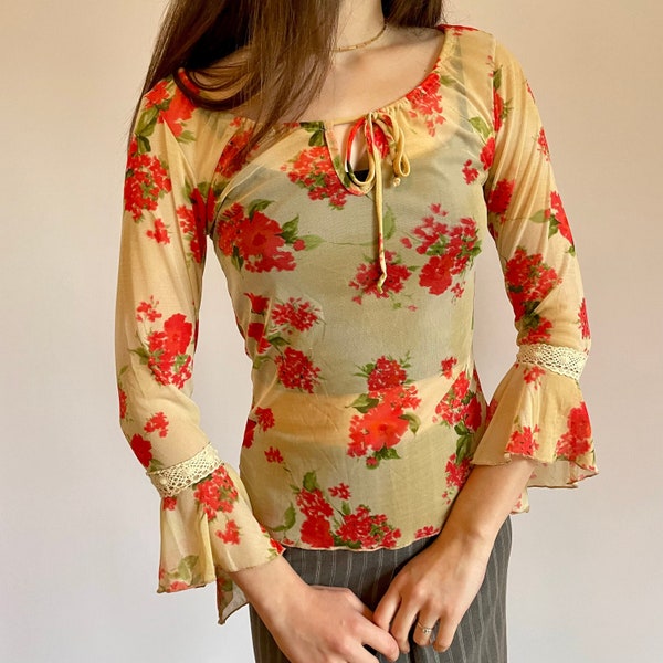 90s sheer floral top with crochet bell sleeves | size small