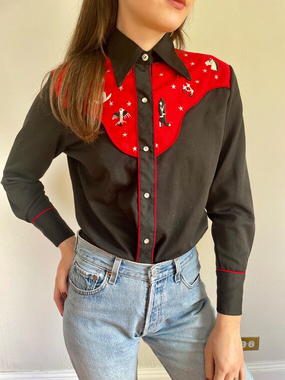 70s Western black and red cowgirl pearl snap (sma… - image 7