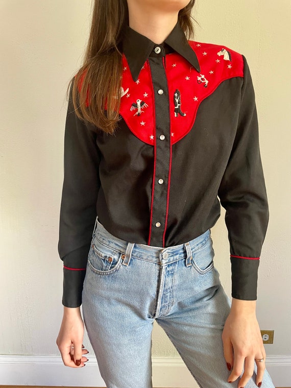 70s Western black and red cowgirl pearl snap (sma… - image 3