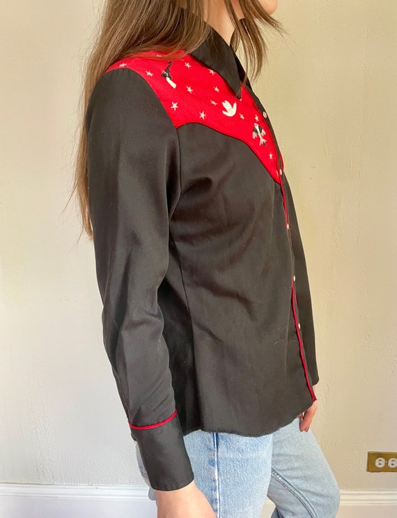 70s Western black and red cowgirl pearl snap (sma… - image 6