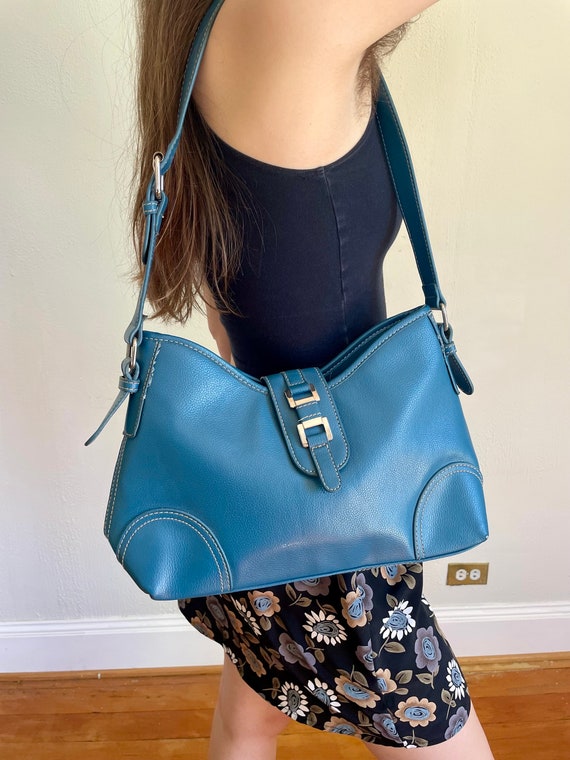 Y2k blue faux leather shoulder bag with buckle
