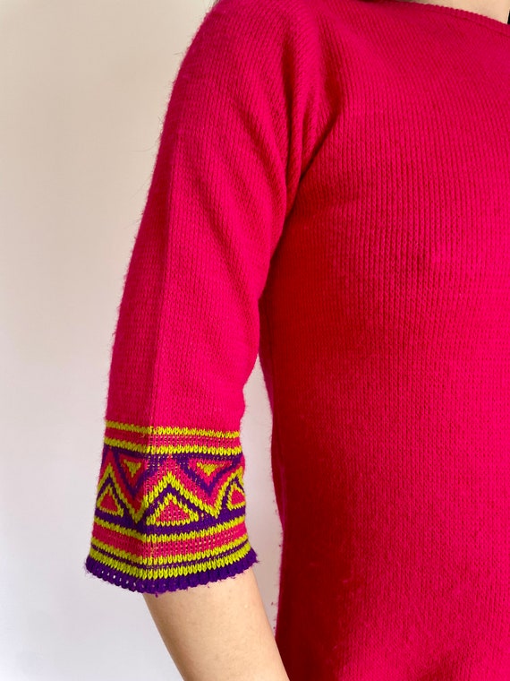 60s hot pink geometric trim knit dress (small) - image 3