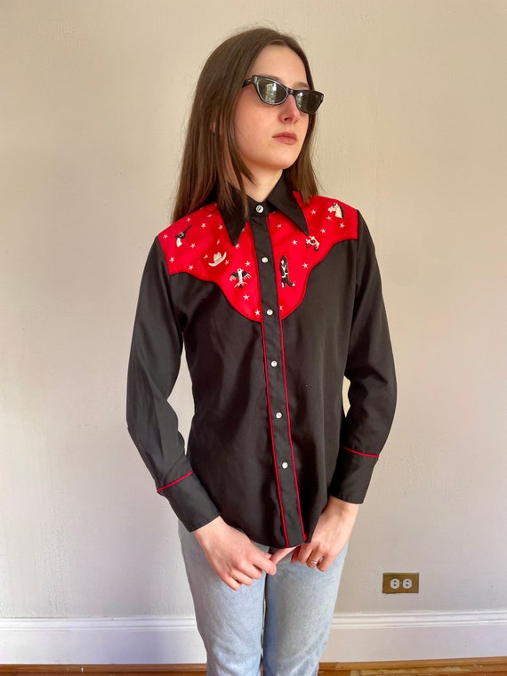 70s Western black and red cowgirl pearl snap (sma… - image 9