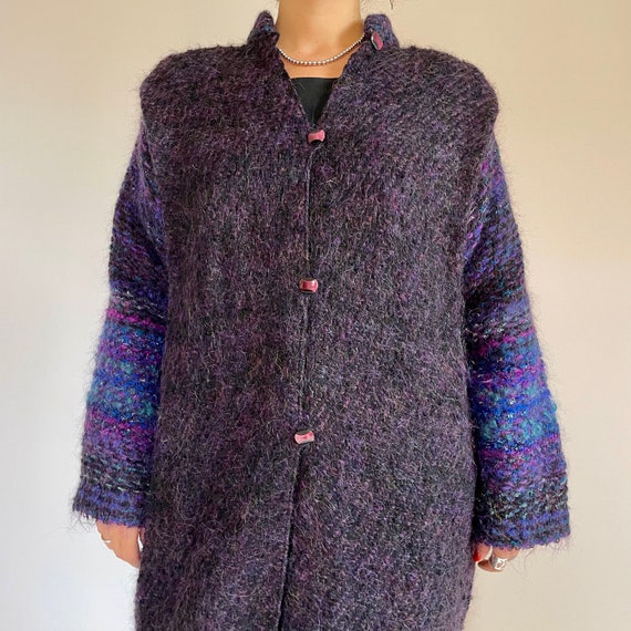 80s purple and blue mohair maxi coat (large) - image 9