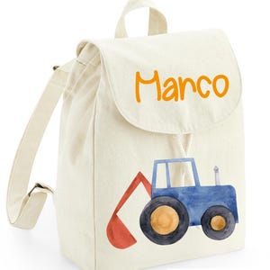 Mini sac à dos maternelle en coton bio personnalisable avec prénom Tracteur