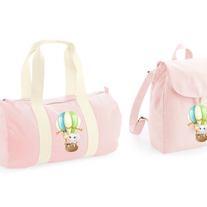 Organic cotton duffel bag and mini backpack customizable with name, hot air balloon theme, Baby animal