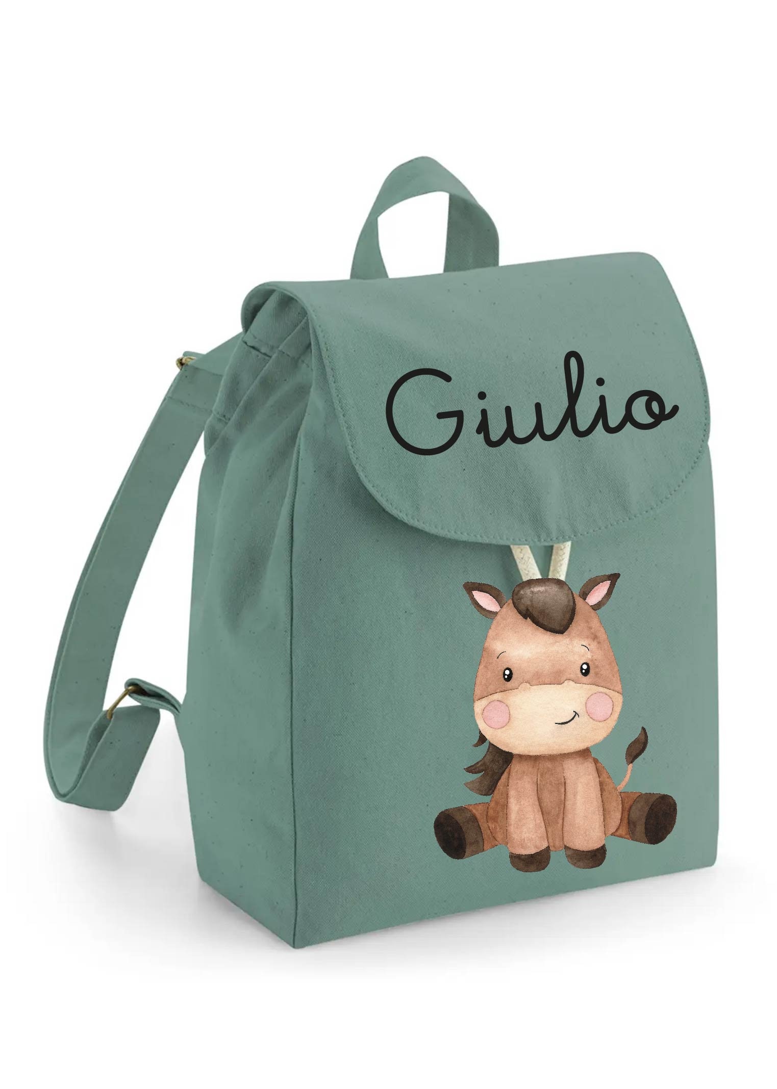 Mini backpack nursery in organic cotton customizable with name Baby Horse