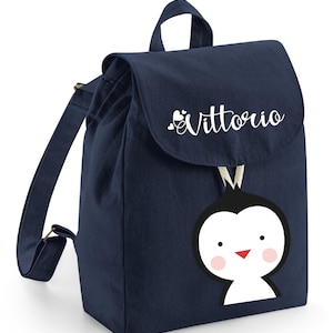 Mini sac à dos maternelle en coton bio personnalisable avec le prénom Pingouin jeux d'école maternelle changements de gym