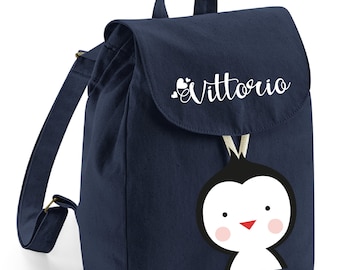 Mini sac à dos en coton bio personnalisable avec prénom Pingouin école maternelle jeux gym change