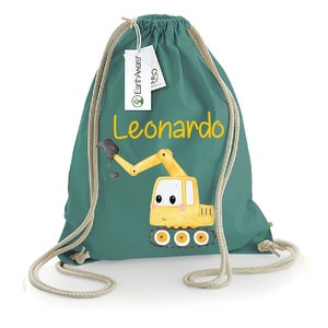 Sac à dos en coton bio lourd Excavatrice, personnalisable avec nom ou initiales salle de sport, maternelle, change, sac à dos