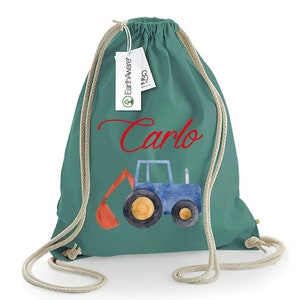 Sac à dos en coton biologique lourd pour bulldozer/tracteur, personnalisable avec nom ou initiales pour salle de sport, maternelle, change, sac à dos