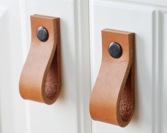 Leather drawer pulls, cabinet hardware, leather door knobs, cabinet pulls