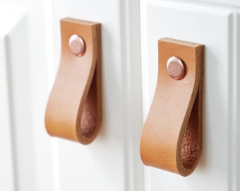 Leather cabinet handles, drawer pulls, cabinet hardware, natural leather pulls, dresser handles, door handle
