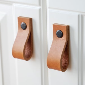 Leather drawer pulls, cabinet furniture hardware natural leather pulls,dresser handles, leather door handle, cupboard pulls Cognac