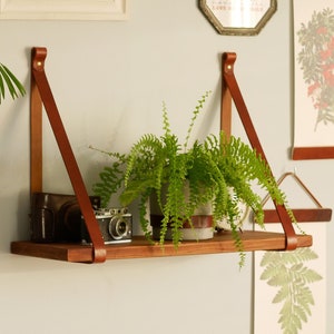 Hanging shelf leather straps,housewarming or first new home gift,home office rustic wall decor,floating shelf brackets