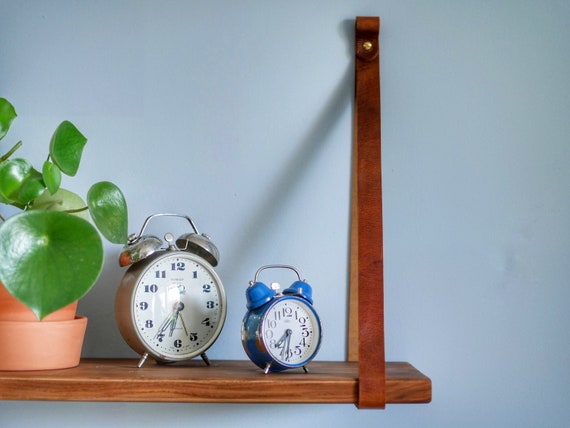 Cognac Leather Strap Hanger Natural Shelf For Floating Wall Hanging Straps Dyi Simple Decor