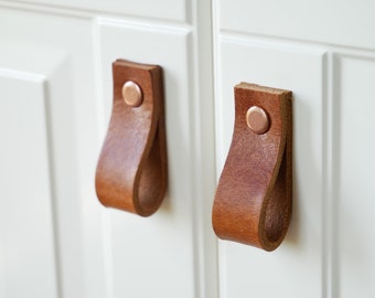 Leather drawer pulls, cabinet furniture hardware, natural leather pulls, dresser handles, leather door handle, cupboard pulls