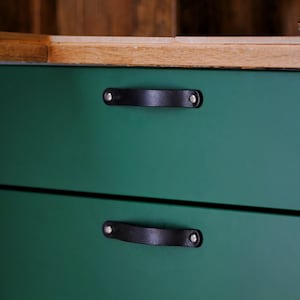 Black Leather Drawer Pulls, Handmade Furniture Handles, Cabinet Hardware, Dresser and Kitchen Drawer Handles, Modern IKEA Hack Decor