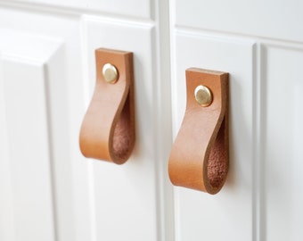 Leather drawer pulls, cabinet furniture hardware, natural leather pulls, dresser handles, leather door handle, cupboard pulls