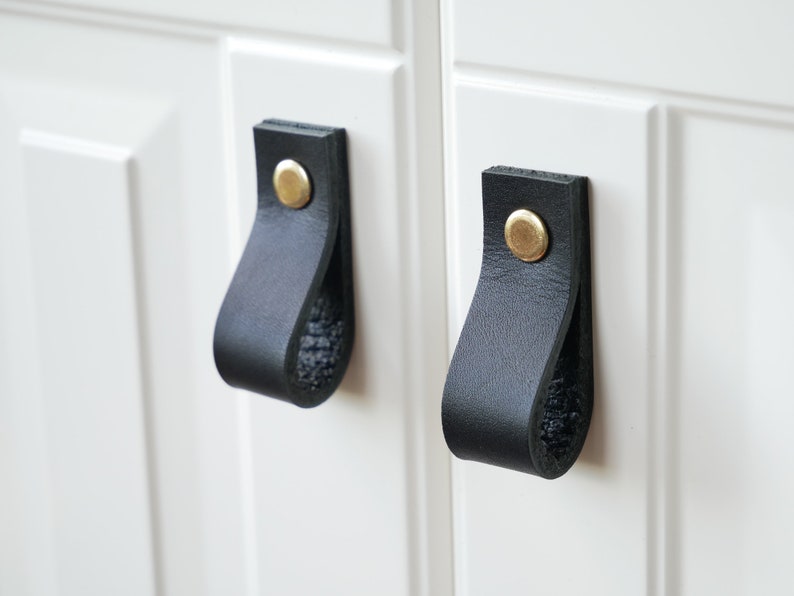 Leather drawer pulls, cabinet furniture hardware natural leather pulls,dresser handles, leather door handle, cupboard pulls Black