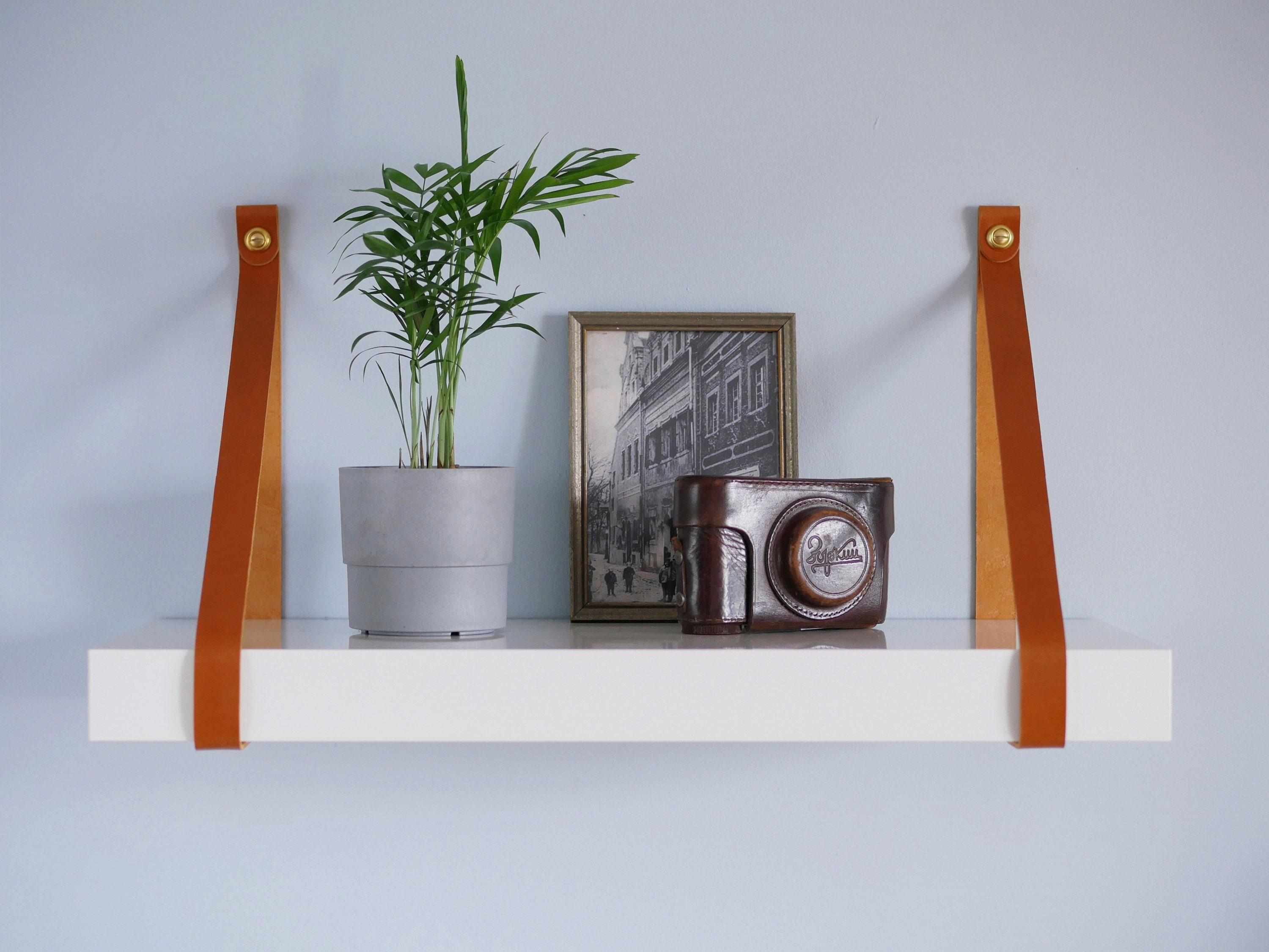 Reclaimed Wood Floating Shelves With Leather Strap Supports Set Of