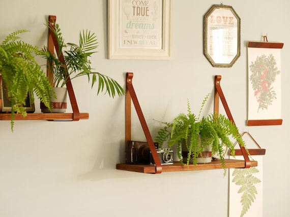 Hanging Shelf Cognac Leather Straps Floating Shelf Brackets Etsy