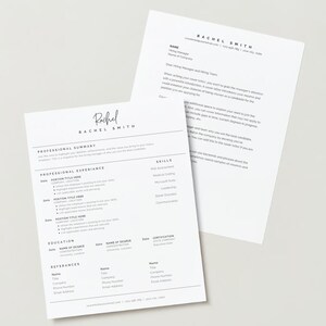 May include: A black and white resume template with the name Rachel Smith at the top. The resume includes sections for professional summary, professional experience, education, references, and skills.