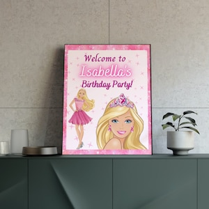 Cartello di benvenuto modificabile per ragazze festa di compleanno invito a forma di cuore modello digitale carta e-invito bambola principessa digitale