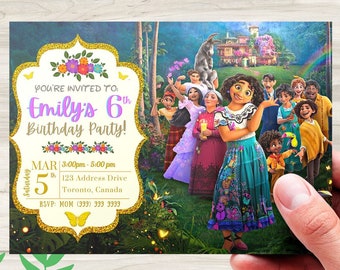Invitación de cumpleaños de Mirabel, tarjeta infantil (PDF y PNG editables)