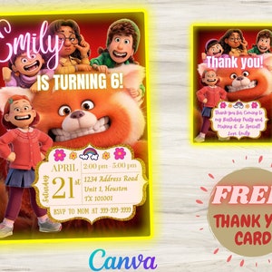 Convite para festa de aniversário do Turning Red, Meilin, cartão de convite infantil editável, panda vermelho, personalizado, arquivos PDF e PNG, impressão, cartão de agradecimento!