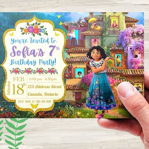 ENCANTO GEBURTSTAG Mirabel Bearbeitbare Party Einladung Kinderkarte Laden Benutzerdefinierte personalisierte Pdf & Png-Dateien Drucken und Dankeskarte!