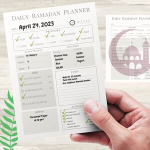 May include: A printable daily Ramadan planner with a checklist for prayers, a Quran tracker, a meal prep section, a list of tasks, and a section for acts of worship. The planner is dated April 24, 2023.