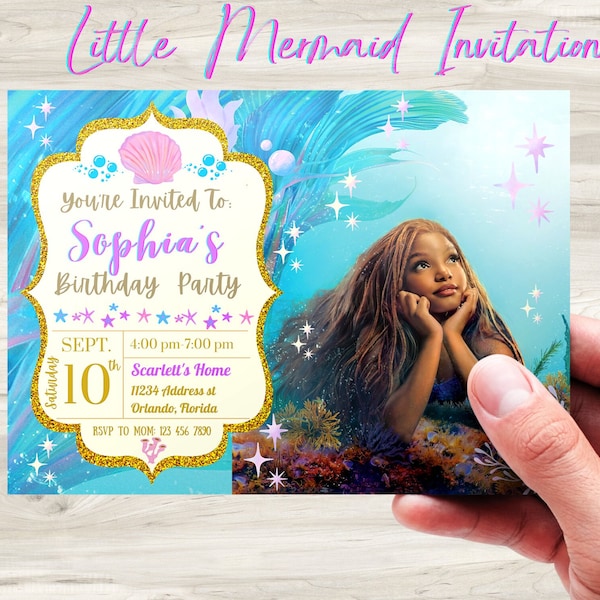 LITTLE MERMAID Birthday Invitation Digital | Kids invites | E-invite | Digital invite | Card Invite | Girl Party & Free Thank You Card!