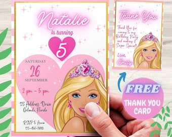 Editable Girls Birthday Invitation Heart Invitation Digital Template Card Invites E-invite Digital Princess Doll Invitations