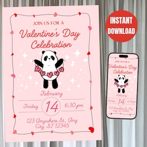 Leuke Panda Valentijnsdag Uitnodiging Feestkaart Bewerkbare Viering Hart Digitale sjabloon nodigt E-uitnodiging Mooie Valentijnsdagkaarten uit