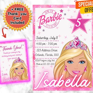 ¡Invitación de cumpleaños para niñas editable, plantilla digital con forma de corazón, tarjetas de invitación electrónicas, invitaciones digitales para muñecas princesas y tarjeta de agradecimiento!