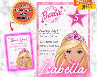 Editable Girls Birthday Invitation Heart Digital Template Card Invites E-invite Digital Princess Doll Invitations and Thank you Card!